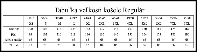 tabulka velkosti kosele regular